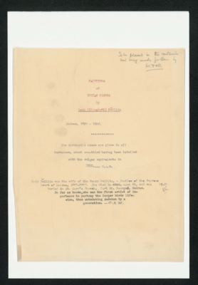 A sheet of yellowed paper with typewritten notes including a title in red, date, description of the contents, and short biography of Lady Gwillim.