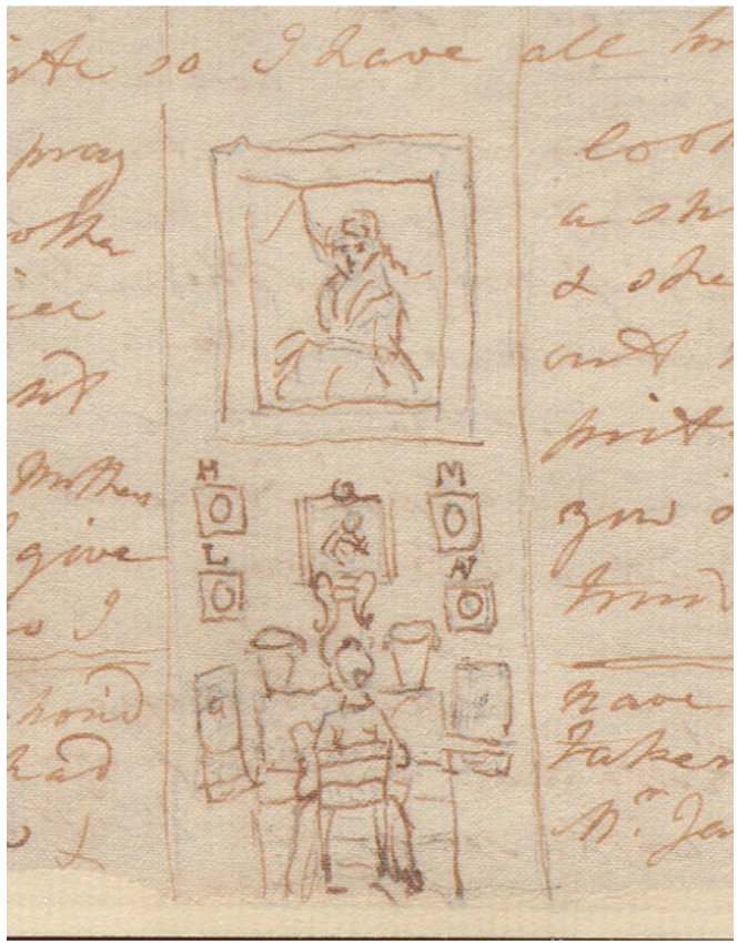 Detail of handwritten letter in brown ink on beige paper showing sketch of woman from behind sitting before five portraits on wall.