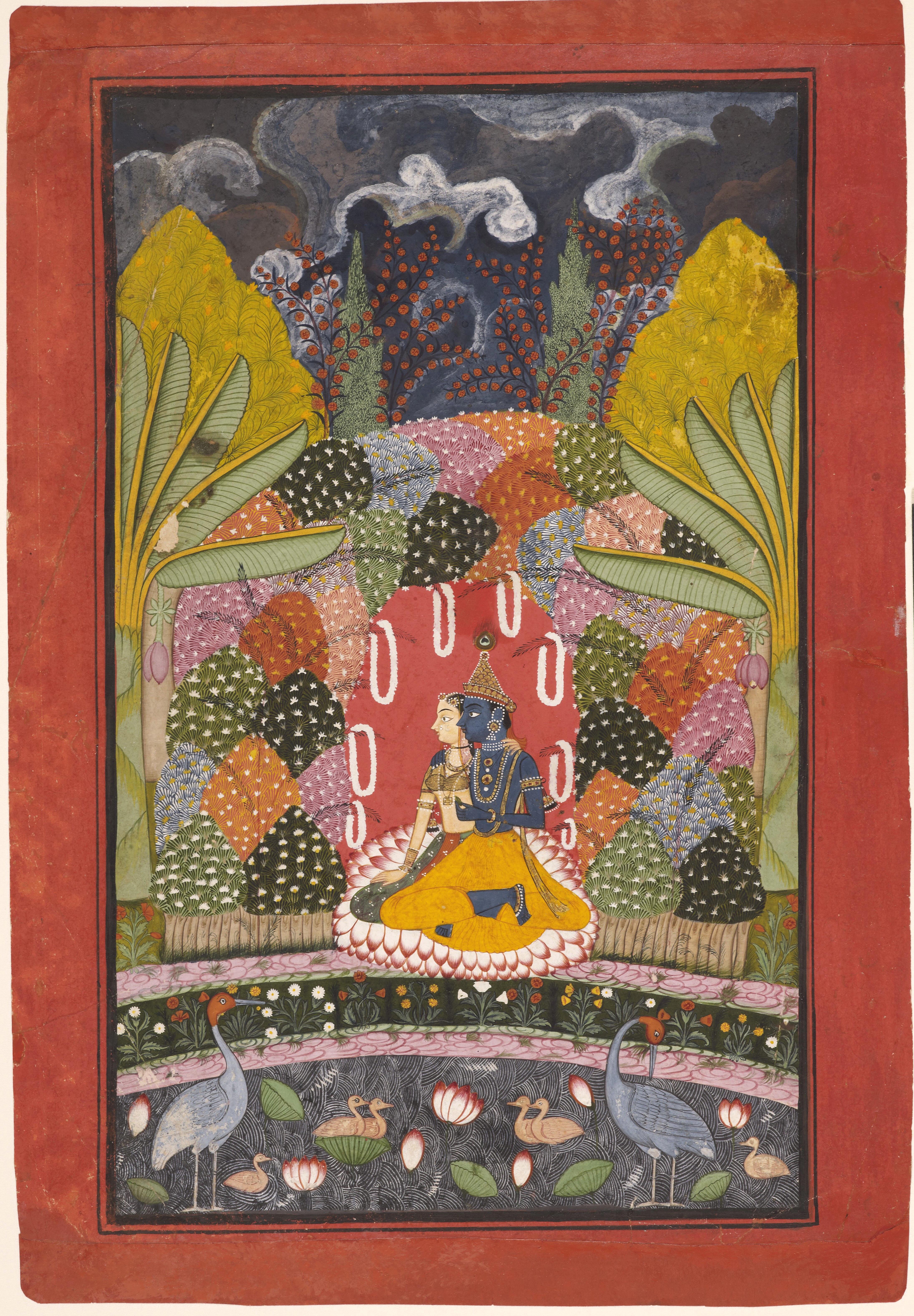 Brightly coloured painting of a man and woman seated beneath trees under a dark sky and before a pond with flowers and birds.