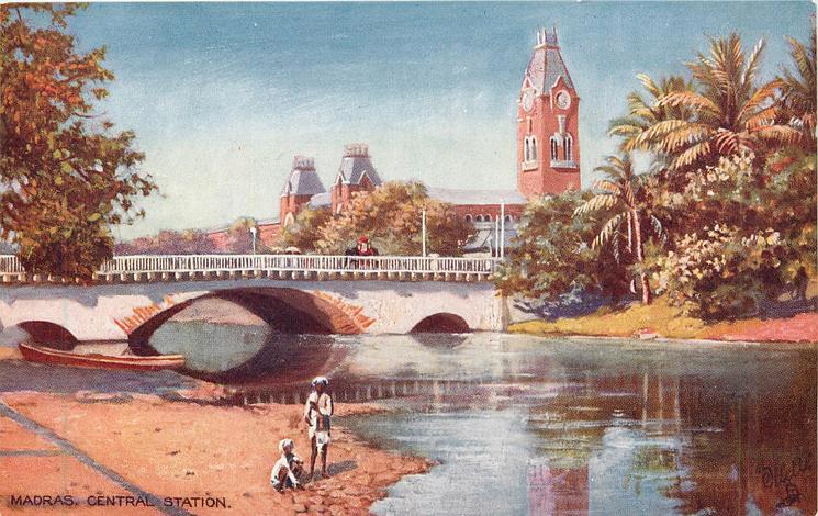 In the background three white-roofed red towers; before them a white arched bridge over a river, tall trees on either side. In the foreground on the riverbank, a red boat and two men clothed in white. 