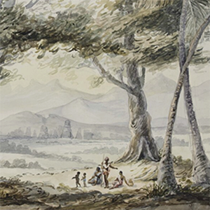 A group of small figures on the grass: 2 women sitting, 2 children, and a man with a tall stick; to the left between 2 large trees a person carries a stick and raises 1 arm; 3 tall trees grow on the right; in the background a vast landscape with gopurams and mountains in the distance.
