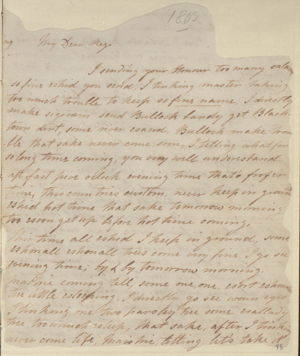 Letter with handwriting in brown ink on beige paper, top edge torn, right-hand corner torn and missing. 